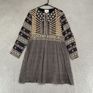 Ritu Kumar Dress Womens M Navy Geometric Fit Flare Mini Boho Long Sleeve
